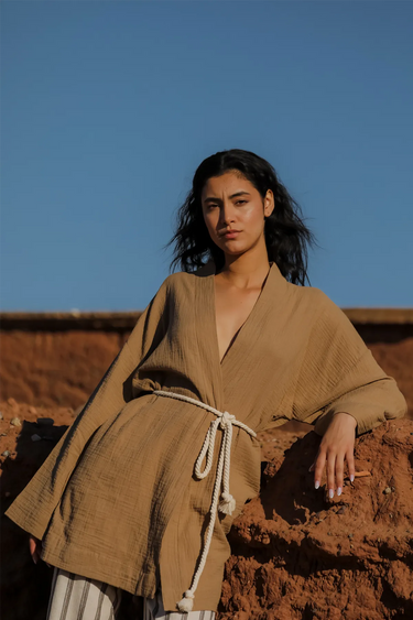 OUMAİMA Cotton Kimono and Striped Linen Pants Set