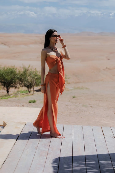 AİCHA Cotton Shawl Crop Top and Slit Pants Set