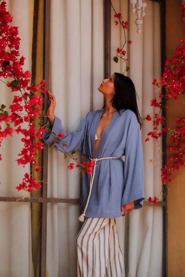 OUMAİMA Cotton Kimono and Striped Linen Pants Set