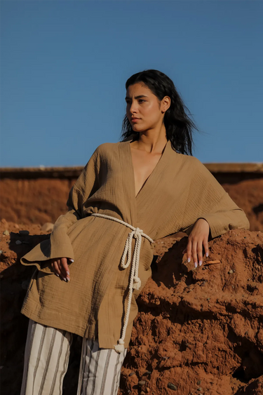 OUMAİMA Cotton Kimono and Striped Linen Pants Set