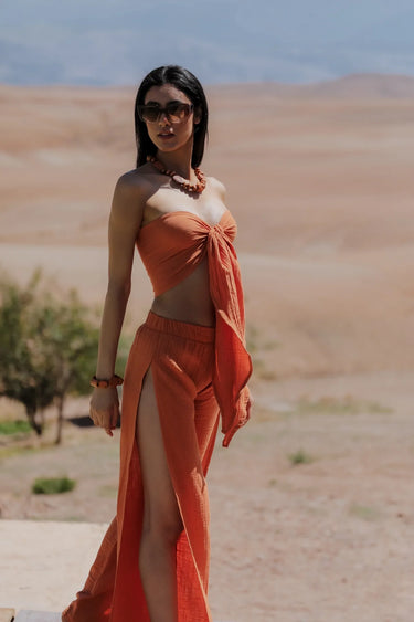 AİCHA Cotton Shawl Crop Top and Slit Pants Set