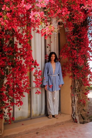 OUMAİMA Cotton Kimono and Striped Linen Pants Set