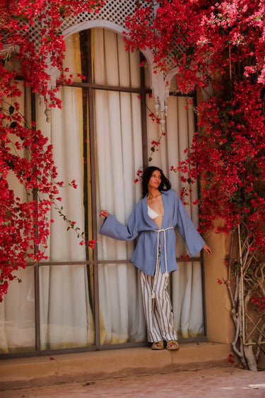 OUMAİMA Cotton Kimono and Striped Linen Pants Set