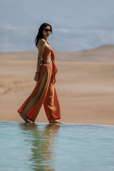 AİCHA Cotton Shawl Crop Top and Slit Pants Set