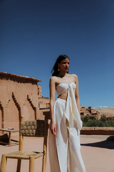 AİCHA Cotton Shawl Crop Top and Slit Pants Set
